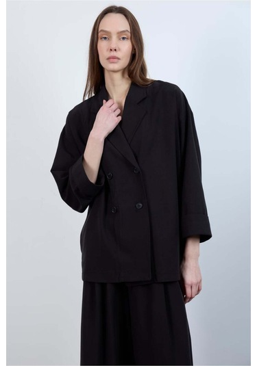 Kadın Keten Rahat Kesim Ceket Pantolon Alt-üst Takım Siyah