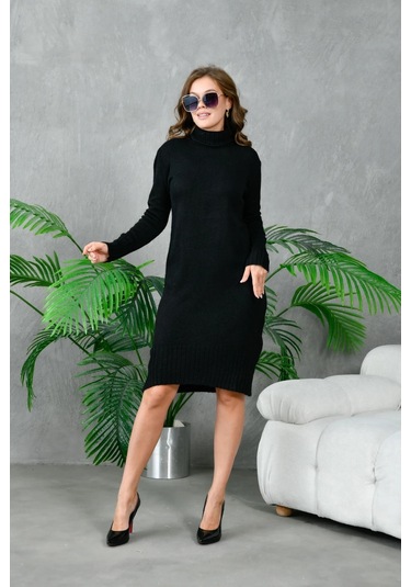 Kadın Balıkçı Yaka Kışlık Triko Elbise Siyah