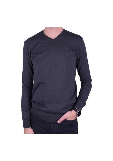 Erkek V Yaka Triko Kazak Füme Regular Fit Pamuklu, Ot-Kzk-20005 Füme