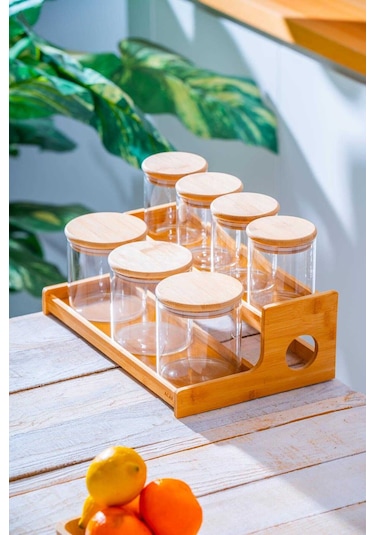 Acar Malibu Bambu Standlı 7 Li Borosilikat Cam Baharatlık Seti Şeffaf