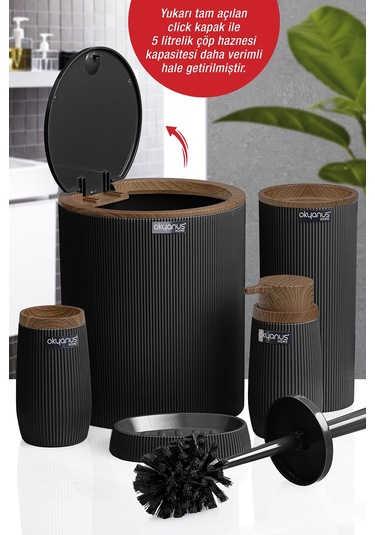 Okyanus Home Siyah Ahşap Çizgili Yuvarlak 5'Li Banyo Seti