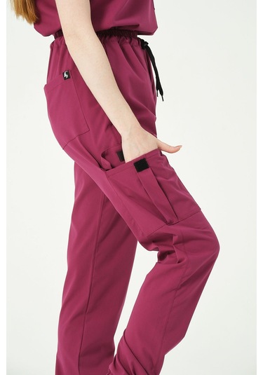 Vişne Likralı Kargo Cep Jogger Paça Doktor Hemşire Forması Tek Alt Unisex