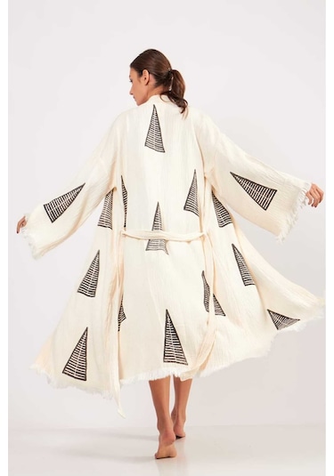 Befera Müslin Kimono Pamuklu Piramit Desenli Bornoz Kaftan Sabahlık Ekru