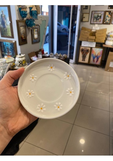 Seramik El Yapımı Fincan Takımı 2'li Set Papatya Desenli, Tabaklı Beyaz - Sarı