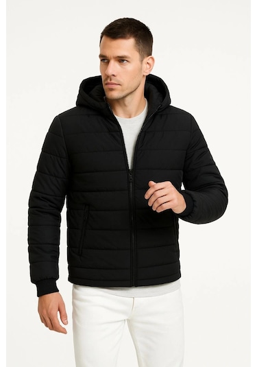 Ertaştrendstore Erkek Şişme Kapüşonlu Fermuarlı Mont Su İtici Kapitone Cepli Ceket - Siyah Çoklu Renk