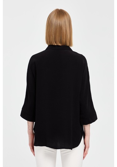 Kadın Kolları Dantel Şeritli Maroken Gömlek Siyah Siyah
