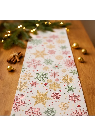 Yılbaşı Temalı Masa Runner I Krem Zeminli, Renkli Kar Tanesi Desenli 40x140 Cm Bej - Krem