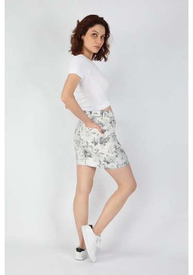 Kadın Baskılı Gabardin Etek Gri