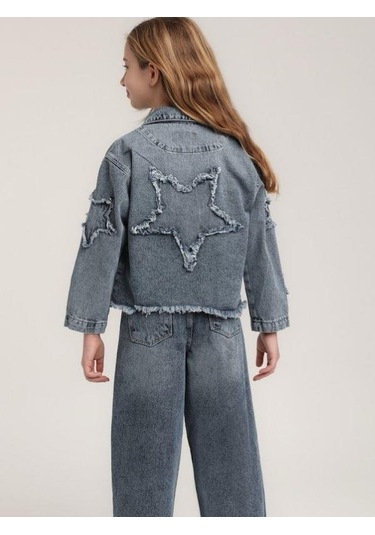 Kız Çocuk Yıldızlı Büyük Cepli Kot Ceket-15622 Mavi