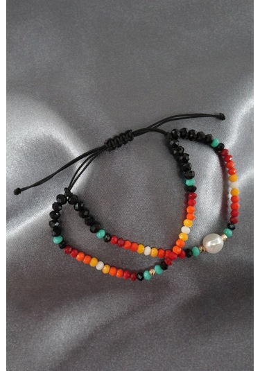 2li İncili Asansörlü Kombin Bileklik. Boncuk Bileklik, İp Bileklik, Halhal Bileklik. Kadın Bileklik. Çok Renkli