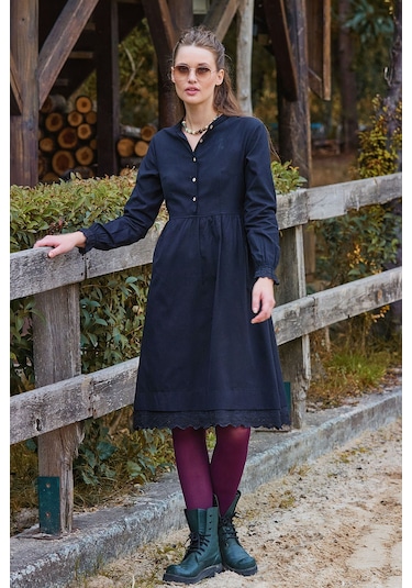 Hakim Yaka Beli Lastikli Dantelli Kışlık Elbise Siyah