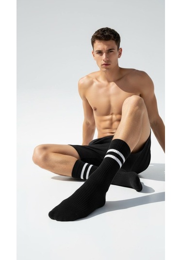 Erkek Spor Çorap 2 Lü Set Pamuklu, Esnek, Çizgili Model Siyah Gri Gri - Siyah