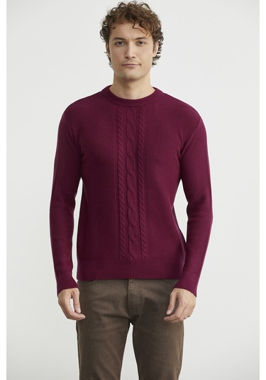 Sementa Motif Detaylı Bisiklet Yaka Triko Kazak - Bordo Bordo