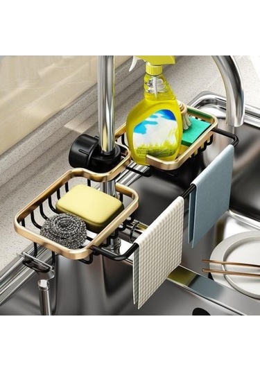 Novahub Siyah Altın Mutfak Lavabo Drenaj Rafı, Musluk Tutucu, Sünger Ve Fırça Organizatör, Banyo Ve Mutfak İçin/ Altın - Siyah