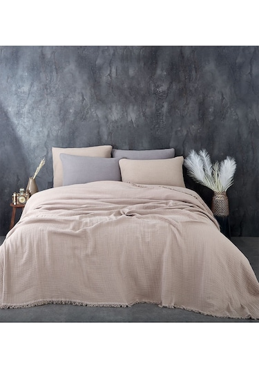 %100 Pamuk Çift Kişilik Müslin Yatak Örtüsü 4 Katlı Yumuşak Battaniye Müslin Pike Takımı 3 Parça Cappuccino Cappucino