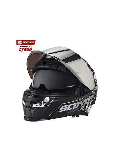 Gri Camlı + Scoyco Ff-871 Cyber Güneş Vizörlü Kapalı Kask Gri - Mat Siyah