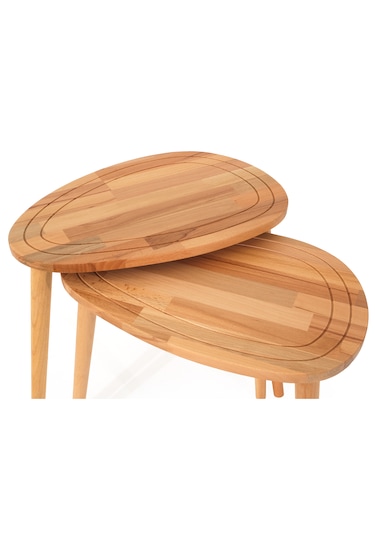 Sweet Naturel Renk Masif Doğal Ahşap Yan Sehpa 2'li Zigon Sehpa