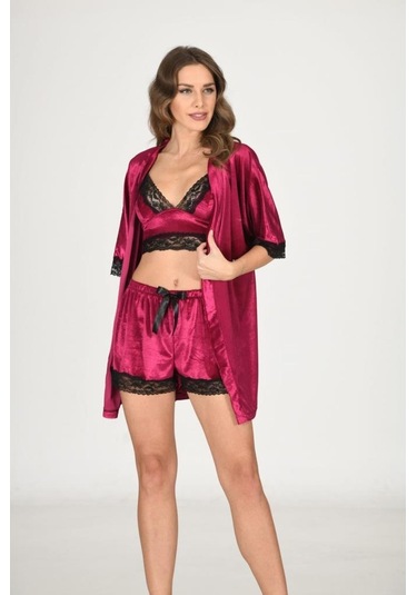 Sistina Bayan Fuşya Kadife Sabahlıklı Büstiyer Şort Takım 1437 Fuşya