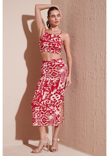 Lela Slim Fit Ip Askılı Yırtmaçlı Midi Alt-Üst Bayan Takım 5865726 Bordo