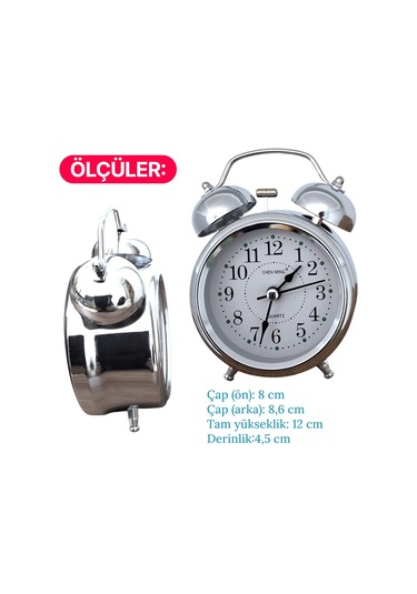 Upway Çanlı Tokmaklı Yüksek Zil Sesli Gümüş Metal Kasalı Işıklı Nostaljik Retro Çalar Saat Gümüş