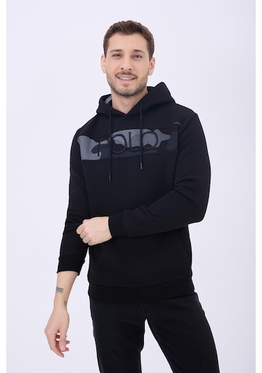 Erkek 3 İplik Pamuklu İçi Polarlı Regular Fit Nakışlı Kapüşonlu Kanguru Cepli Siyah Sweatshirt Siyah