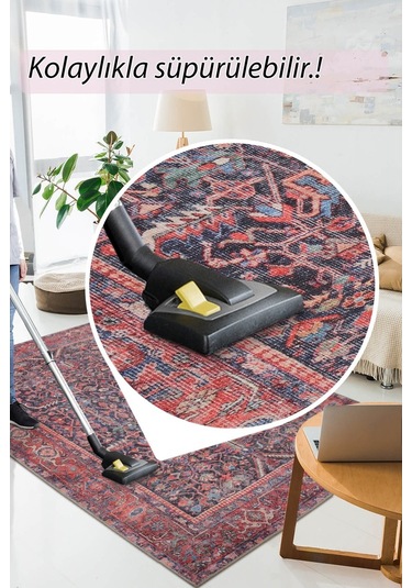 Blues Vintage Desenli Dokuma Taban Dekoratif Kırmızı Halı (Al 354