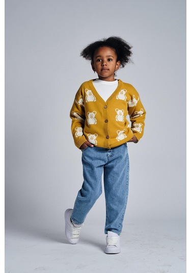 Ayıcık Desenli Hırka T-shirt Denim Pantolon Takım Hardal