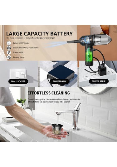 Geeksen Taşınabilir Şarjlı 10000pa Güçlü Elektrikli Süpürge - 5 Nozullu, Led Işıklı, 6000mah Pil İle Bilgisayar, Araç Ve Ofis Temizliği İçin