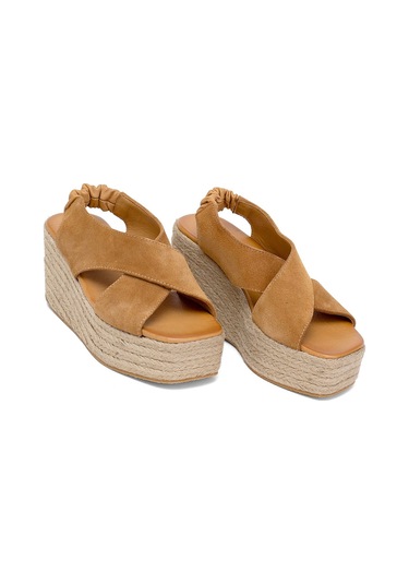 Elit Rosabelle Kadın Hakiki Süet Deri Dolgu Topuk Sandalet Taba Taba