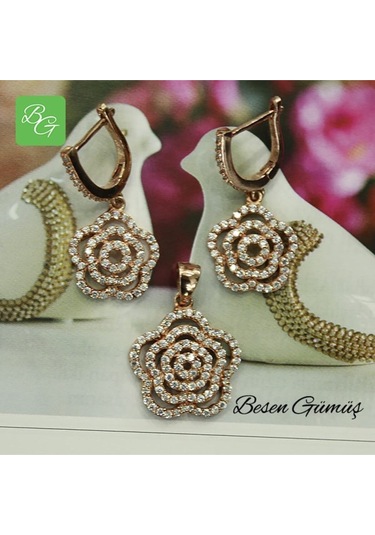 Çiçek Figürlü Taşlı Set Rose Gold - Gümüş