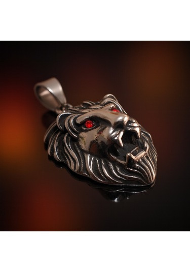 Kırmızı Zirkon Göz Detaylı, Güç Ve Cesaret Sembolü Erkek Aslan Başlı Çelik Kolye /kral Aslan Kolye Metalik Gri