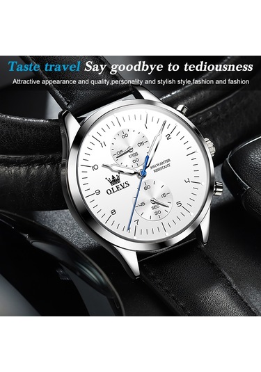 Olevs 2880 Erkekler Çok Fonksiyonlu İş Su Geçirmez Deri Kayış Kuvars Saat Beyaz