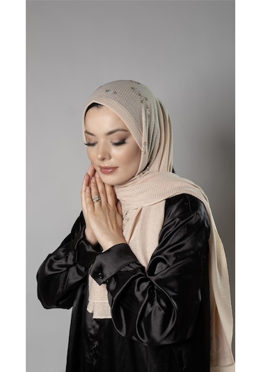 Bej Pratik Hazır Geçmeli Tesettür Şal Örme Kumaş Taşlı Çiçek Desenli 2118c 12