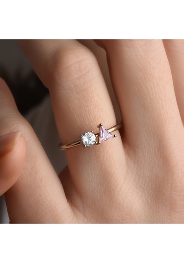 14 Ayar Altın Kaplama Kişiselleştirilebilir Üçgen Ve Yuvarlak Taşlı Yüzük - Rs00107 Altın