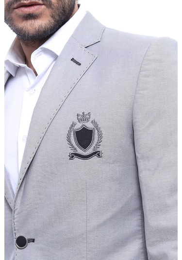Çift Düğmeli Mono Yaka Armalı Gri Ceket -wessi Gri