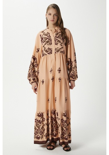 Modest Rosabella Pudra Kadın %100 Viskon Maksi Boy Katlı Balon Kol Uzun Yazlık Elbise Pudrasiyah