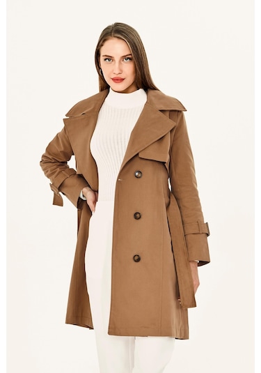Pastelastore %100 Pamuk Gabardin Midi 95cm Astarlı Kemerli Kadın Trençkot 1113 Bej