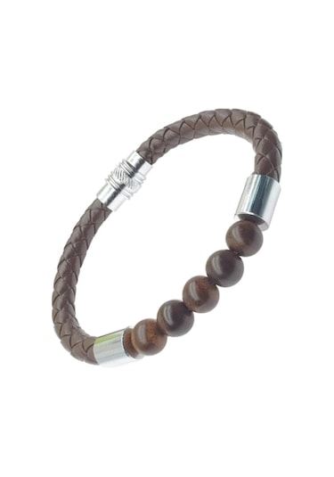 Brezza Lusso Jewelry Deri Mıknatıslı Ceviz Ağacı Erkek  Bileklik Beyaz