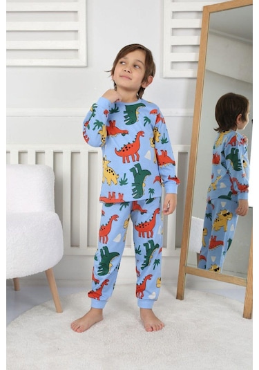 Erkek Çocuk Dino Desenli Uzun Kollu Pijama Takımı-902 Mavi