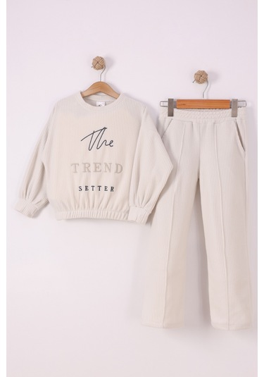 Monox Kız Çocuk Trend Nakışlı Tarz Fitilli Polar Takım Taş