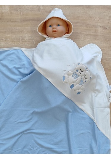 %100 Pamuklu & Mevsimlik Bebek Battaniyesi - Kahverengi & Ayıcık Nakışlı Bebek Örtüsü 80x90 Cm Mavi