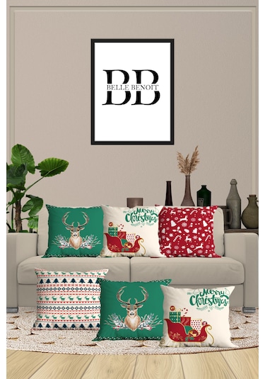 Belle Benoit Yılbaşı Baskılı Dekoratif 6'lı Koltuk Kırlent Kılıfı Yeşil - Kırmızı