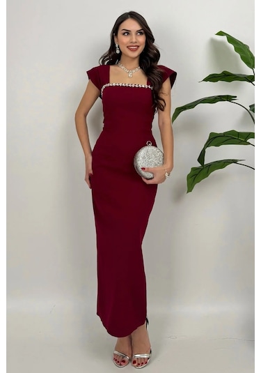 Valentia Madonna Yaka Taş İşlemeli Kalem Bordo Abiye Elbise, Zarif Davet Elbisesi Bordo