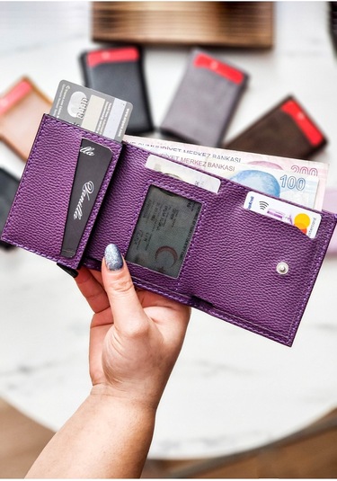 Otomatik Mekanizmalı Deri Cüzdan Kartlık Portföy Mürdüm