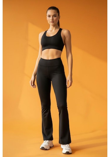 Soft&Basic Kadın Siyah İspanyol Paça Flare Yoga Tayt Pantalon Siyah