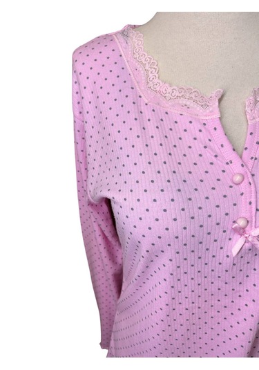 Büyük Beden Battal Pijama Takımı Desenli Uzun Kol V Yaka Kışlık Kumaş Pembe