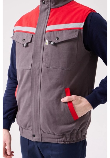 Kışlık İş Yeleği Grikırmızı Gabardin Çok Cepli Royal Sıcak Tutucu Rüzgar Geçirmez Reflektörlü Gri-kırmızı