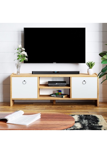 Tv Sehpası Kapaklı Raflı Tv Ünitesi Televizyon Sehpası Çam- Beyaz
