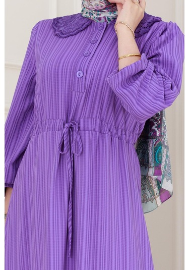 Yakası Güpür Nova Elbise-lila-5031 Lila