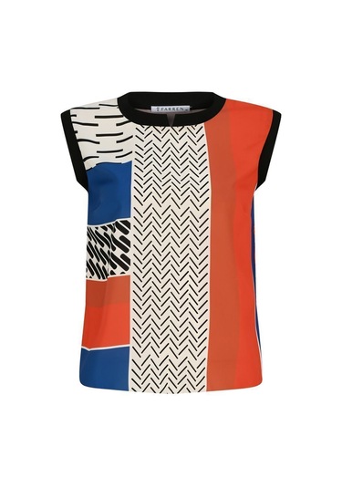 Kadın Desenli Blok Renkli Kolsuz Bluz Frn1108 Mavi